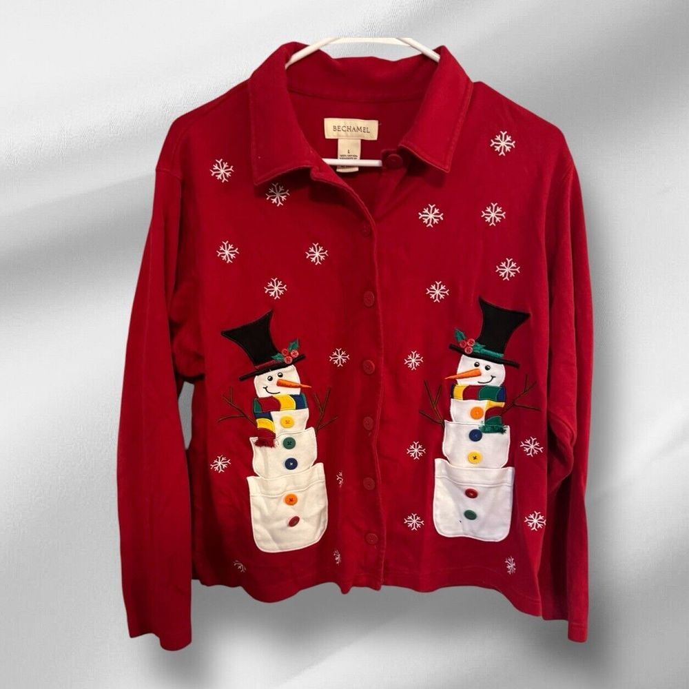 Bechamel Women's Red Snowman Button Up Cardigan Sweater Sz Large 100% Cotton